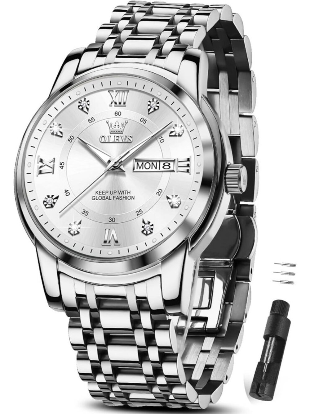 Men's All Silver Stainless Steel Luminous Quartz Waterproof Dimond Classic Watch